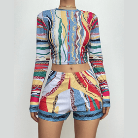 Contrast print crewneck long sleeve pant set