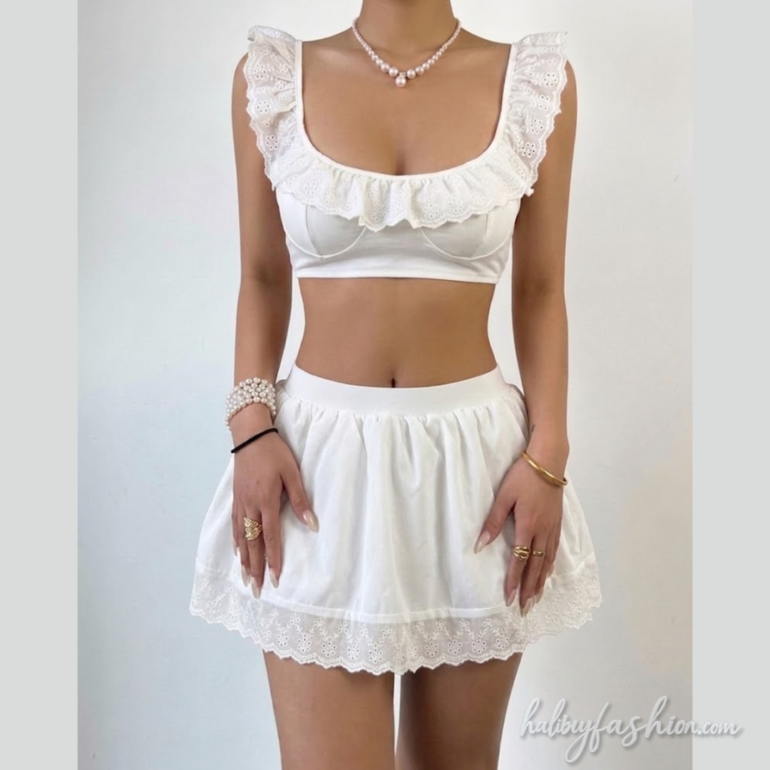 Ruffle u neck sleeveless self tie backless top