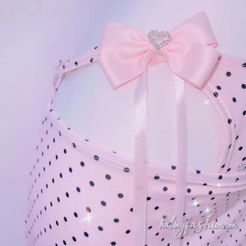 Polka dot halter self tie bowknot beaded mini skirt set