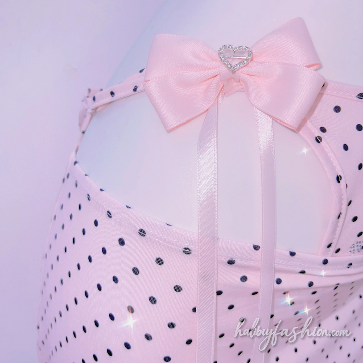 Polka dot halter self tie bowknot beaded mini skirt set
