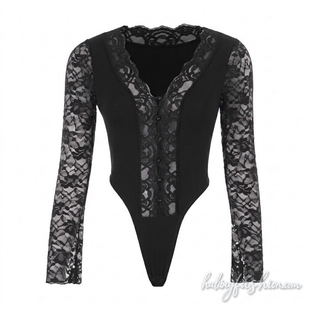Long sleeve lace v neck button bodysuit - Halibuy - 2