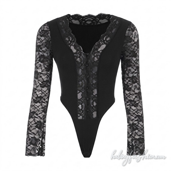 Long sleeve lace v neck button bodysuit - Halibuy - 2