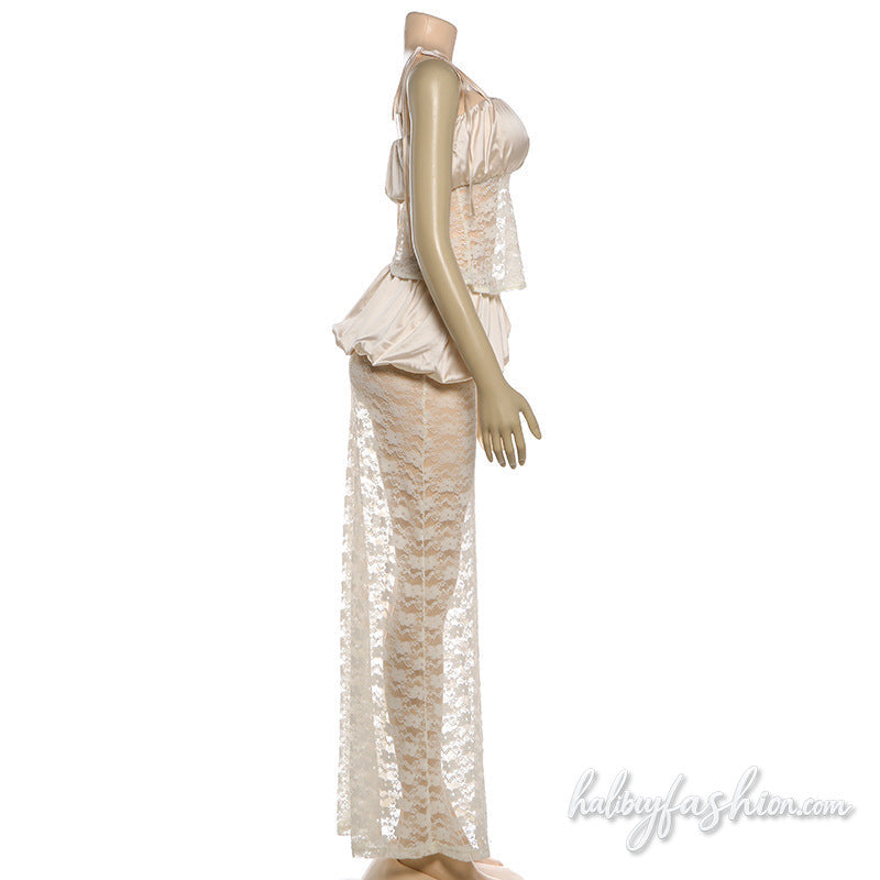 Ruched lace square neck self tie cami maxi skirt set