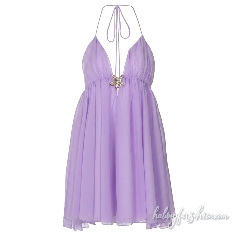 Halter self tie v neck ruched chiffon mini dress