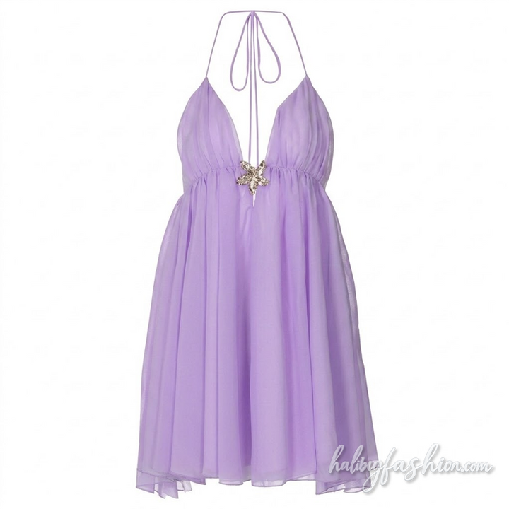 Halter self tie v neck ruched chiffon mini dress