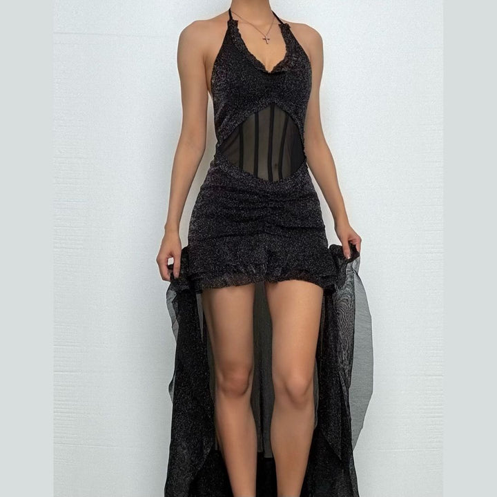 Ruffle u neck halter ruched solid mini dress  | Festival Outfits Women-final-sale