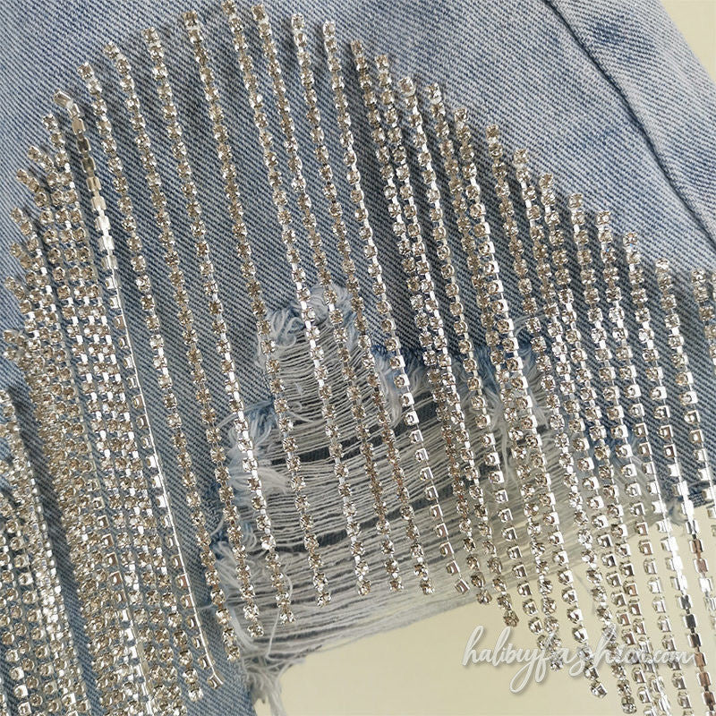 Raw hem tassels beaded ripped short jeans - Halibuy - 3