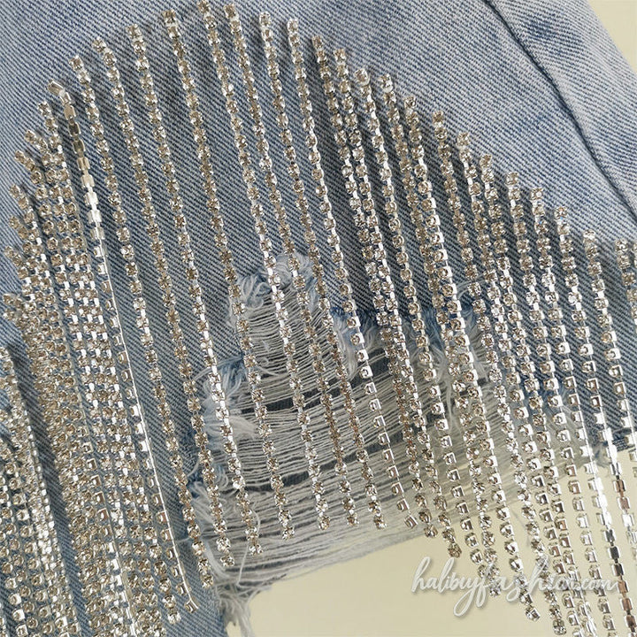 Raw hem tassels beaded ripped short jeans - Halibuy - 3