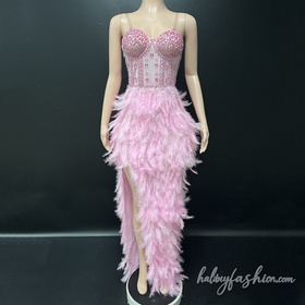 Feather beaded v neck backless maxi dress