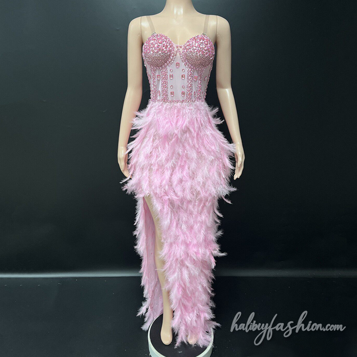 Feather beaded v neck backless maxi dress