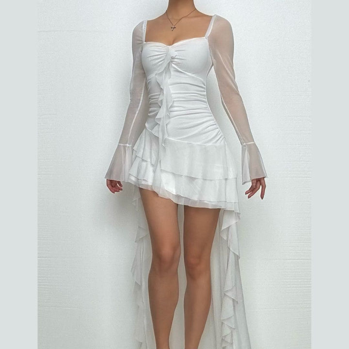 Long flared sleeve irregular mesh ruched mini dress  | Festival Outfits Women