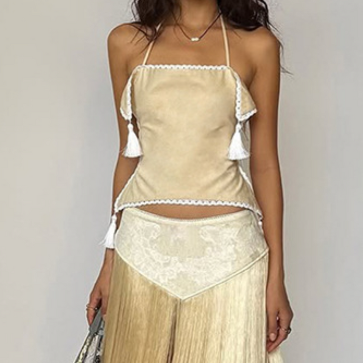 Self tie halter lace hem square neck backless top  | Festival Outfits Women