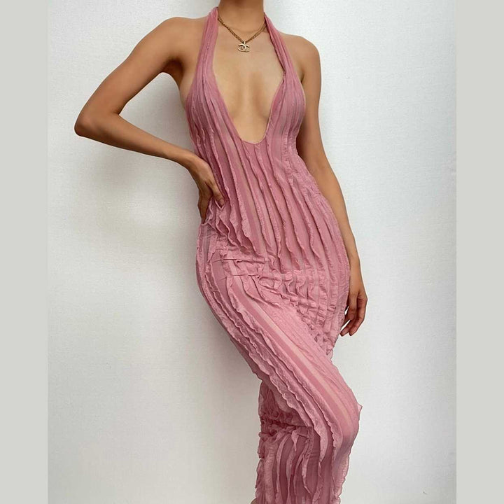 Textured ruffle solid halter self tie v neck backless maxi dress-final-sale  | Festival Outfits Women