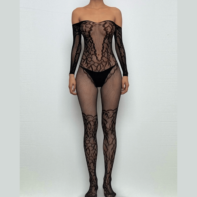 Long sleeve off shoulder fishnet pattern bodystocking  | Festival Outfits Women