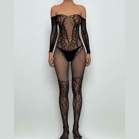 Long sleeve off shoulder fishnet pattern bodystocking  | Festival Outfits Women