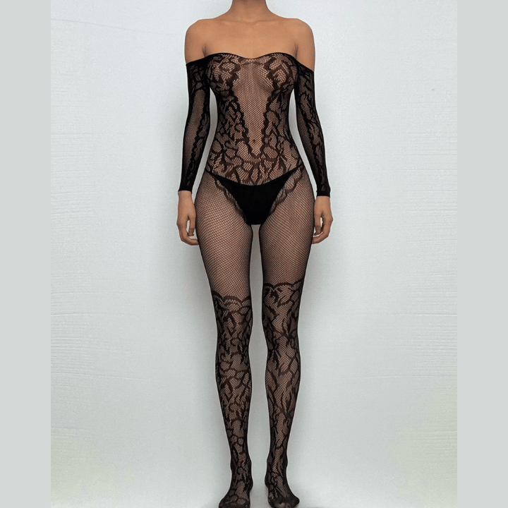 Long sleeve off shoulder fishnet pattern bodystocking  | Festival Outfits Women
