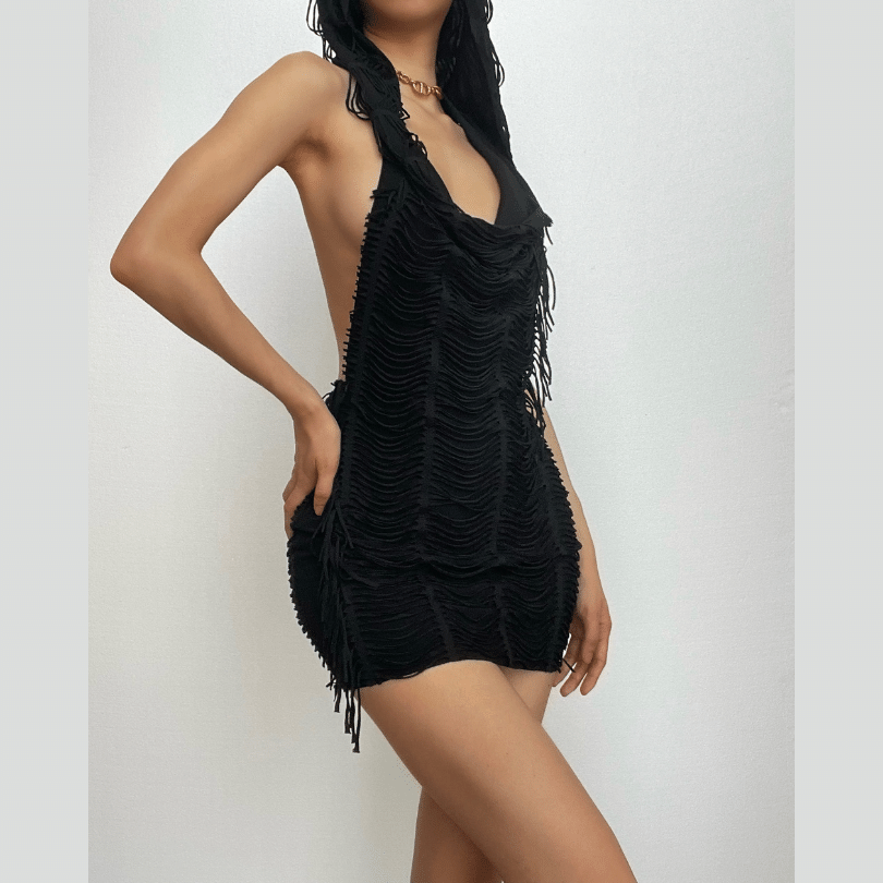 Textured solid hoodie cowl neck sleeveless backless tassels mini dress-final-sale