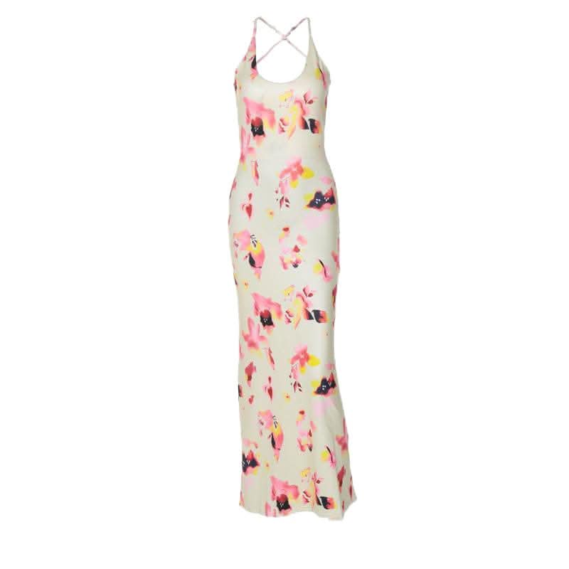 Flower print u neck cross back backless cami midi dress-final-sale  | Festival Outfits Women