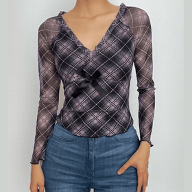 Plaid ruffle v neck mesh contrast top-final-sale  | Festival Outfits Women