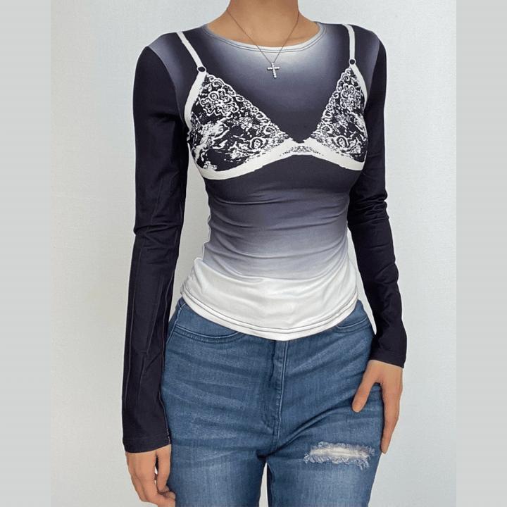 Long sleeve body print gradient crewneck contrast top-final-sale  | Festival Outfits Women