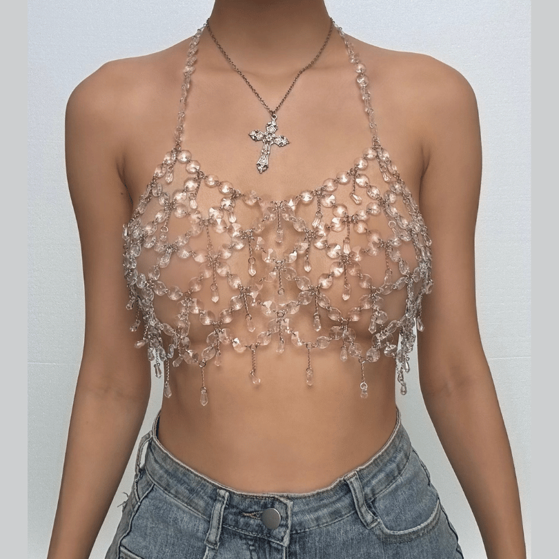 Metal chain plastic crystal halter backless crop top  | Festival Outfits Women