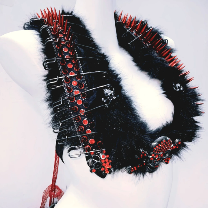Halter self tie o ring fluffy skull applique mini skirt set  | Festival Outfits Women