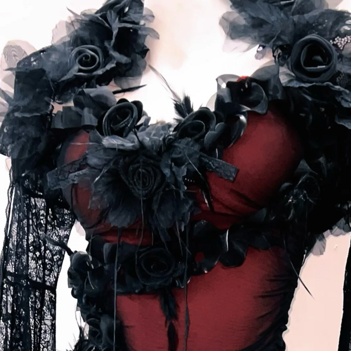 Long flared sleeve lace flower applique beaded maxi dress  | Festival Outfits Women