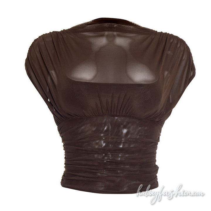 Ruched mesh crewneck solid top