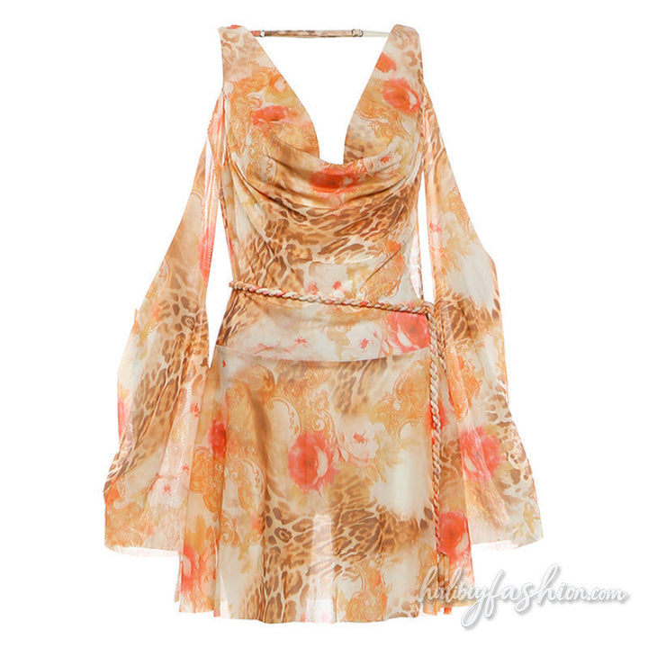 Cowl neck leopard print mesh hollow out mini dress