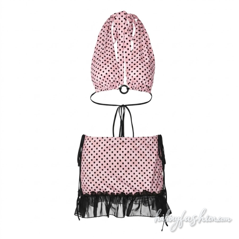 Halter self tie polka dot o ring bikini swimwear