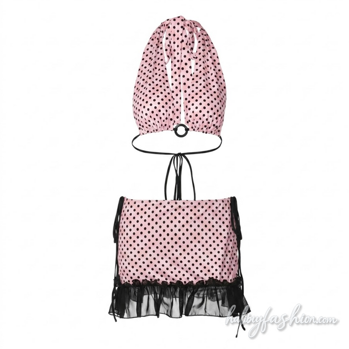 Halter self tie polka dot o ring bikini swimwear