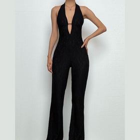 Halter self tie deep V neck lace backless jumpsuit  | Festival Outfits Women