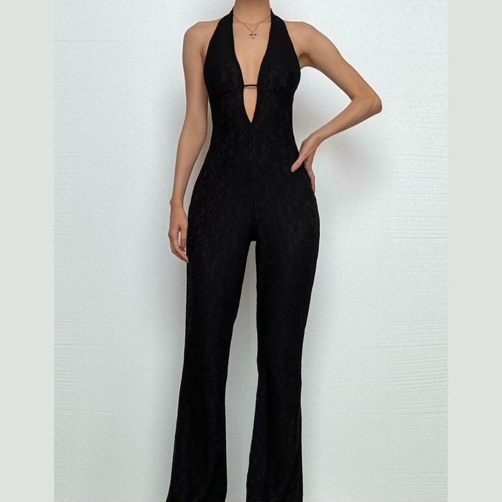 Halter self tie deep V neck lace backless jumpsuit  | Festival Outfits Women