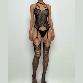 Halter fishnet patchwork net suspender strappy bodystocking  | Festival Outfits Women