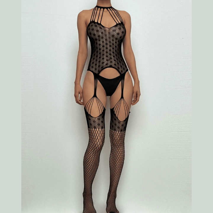 Halter fishnet patchwork net suspender strappy bodystocking  | Festival Outfits Women