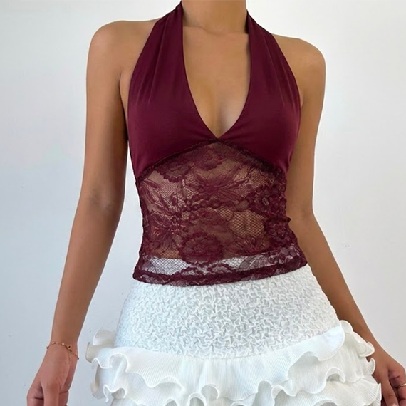 Halter v neck lace self tie backless top  | Festival Outfits Women
