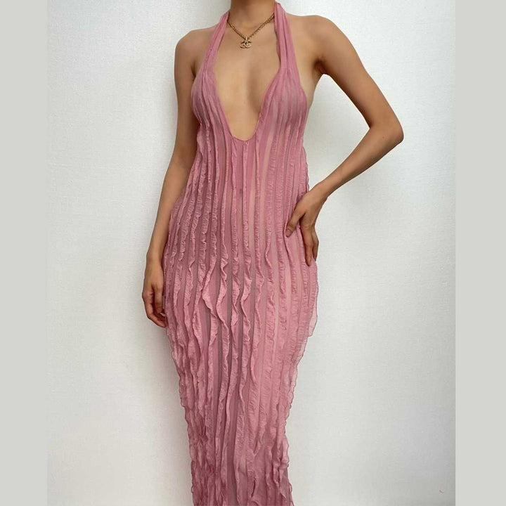 Textured ruffle solid halter self tie v neck backless maxi dress-final-sale  | Festival Outfits Women