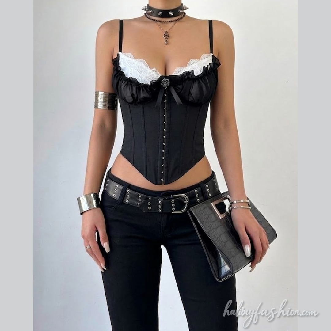 Lace hem bowknot corset ruched cami top  | Festival Outfits Women