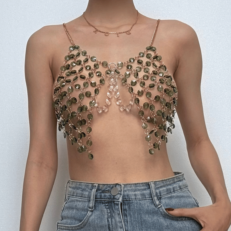 Beaded metal chain u neck backless layered cami top  | Festival Outfits Women