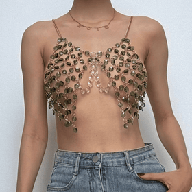 Beaded metal chain u neck backless layered cami top  | Festival Outfits Women