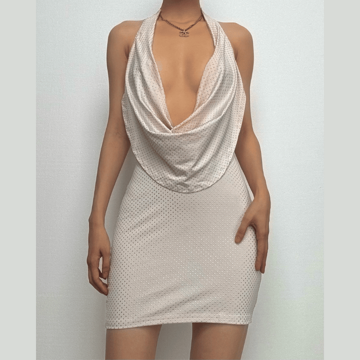 Halter cowl neck beaded low cut mini dress  | Festival Outfits Women