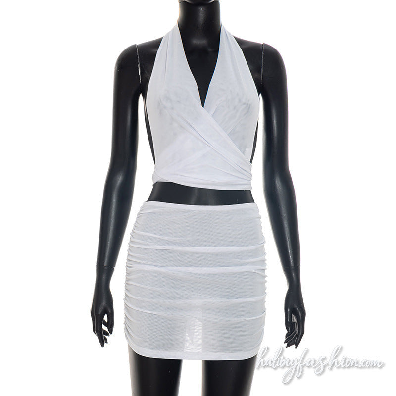 Halter mesh ruched self tie backless mini skirt set