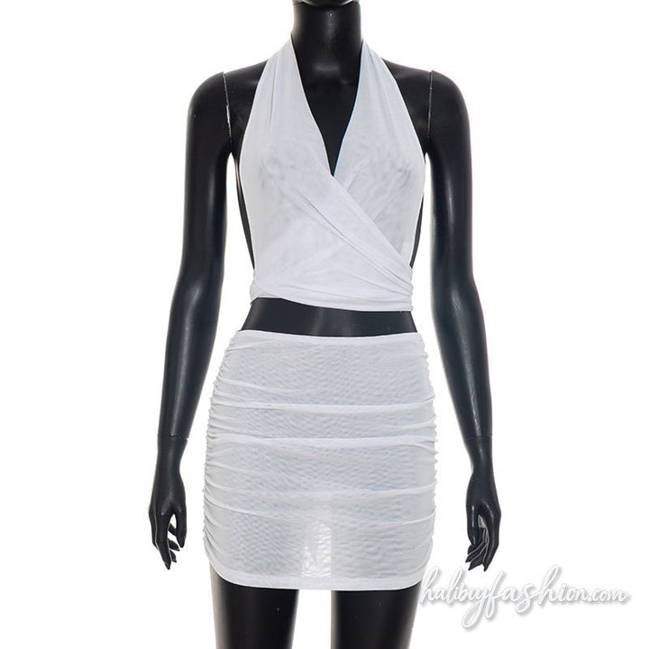 Halter mesh ruched self tie backless mini skirt set