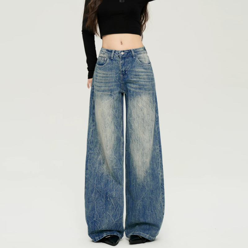 Embroidery button pocket zip-up straight leg | Baggy Low Rise Jeans