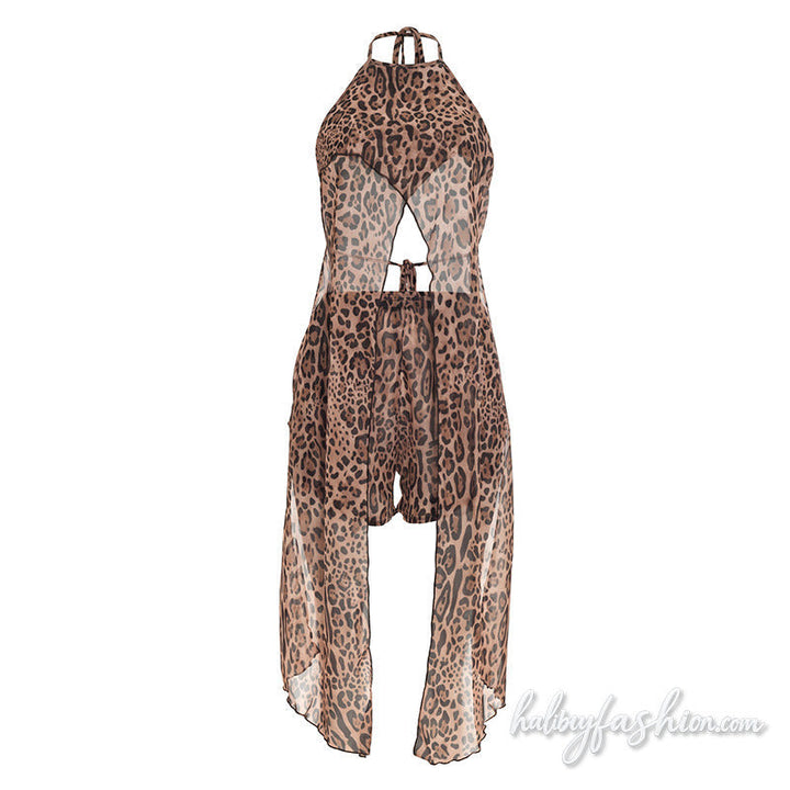 Leopard print self tie halter slit backless pant set