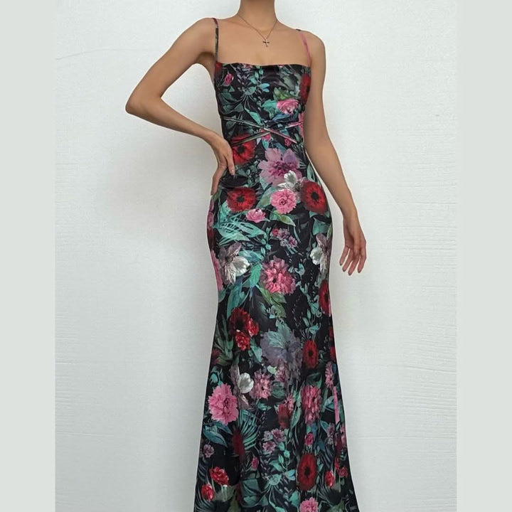 Cowl neck flower print contrast backless cami maxi dress-final-sale  | Festival Outfits Women
