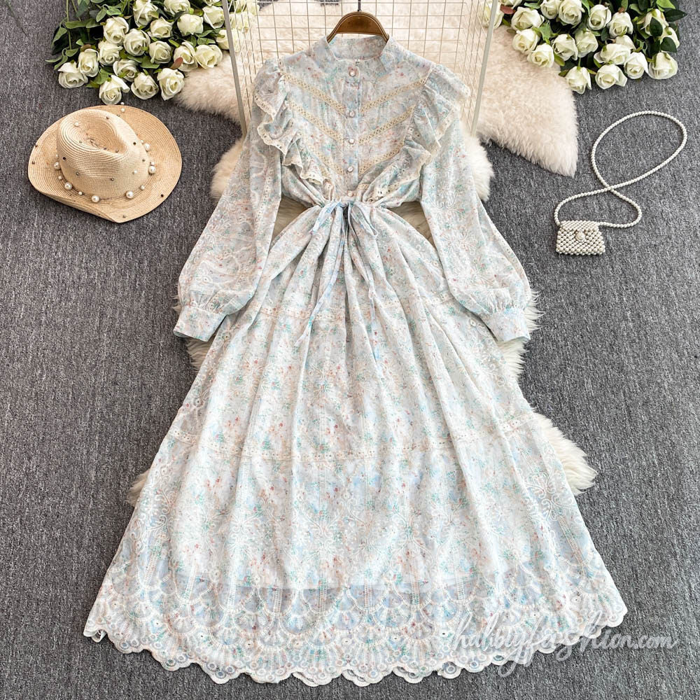 Long sleeve embroidery lace hem ruffle maxi dress