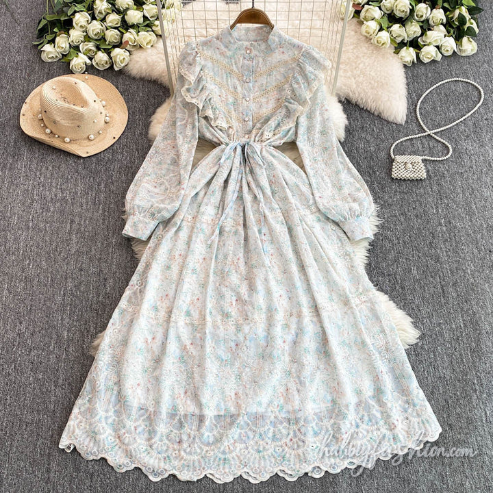 Long sleeve embroidery lace hem ruffle maxi dress