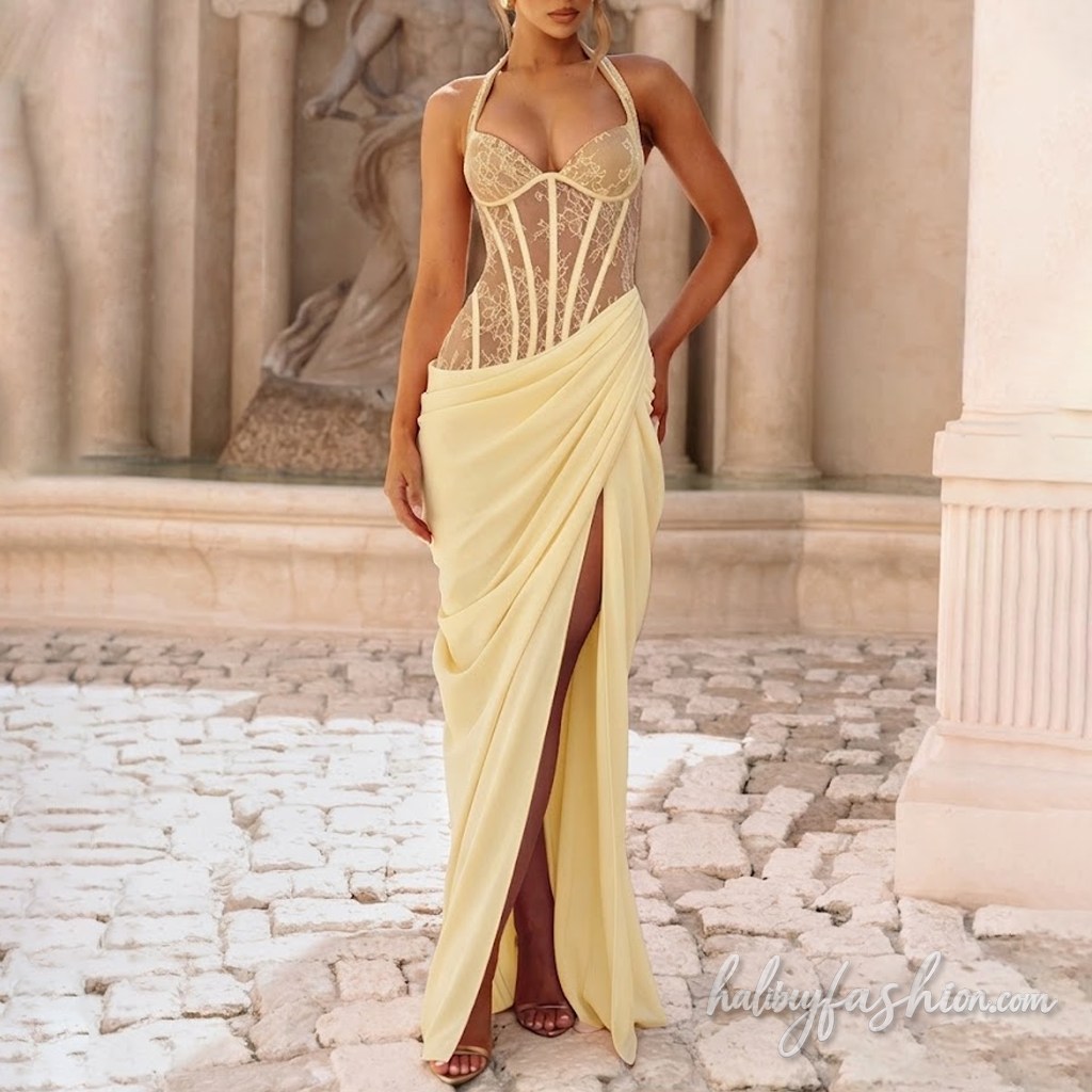 Self tie halter lace ruched irregular slit maxi dress - Halibuy - 5