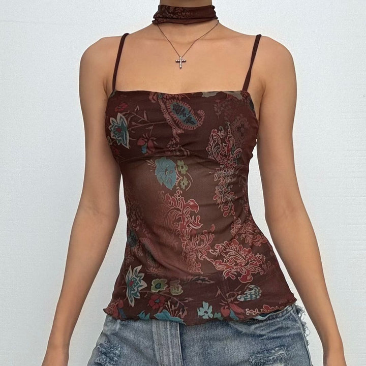 Ruffle v neck flower print mesh cami top  | Festival Outfits Women-final-sale